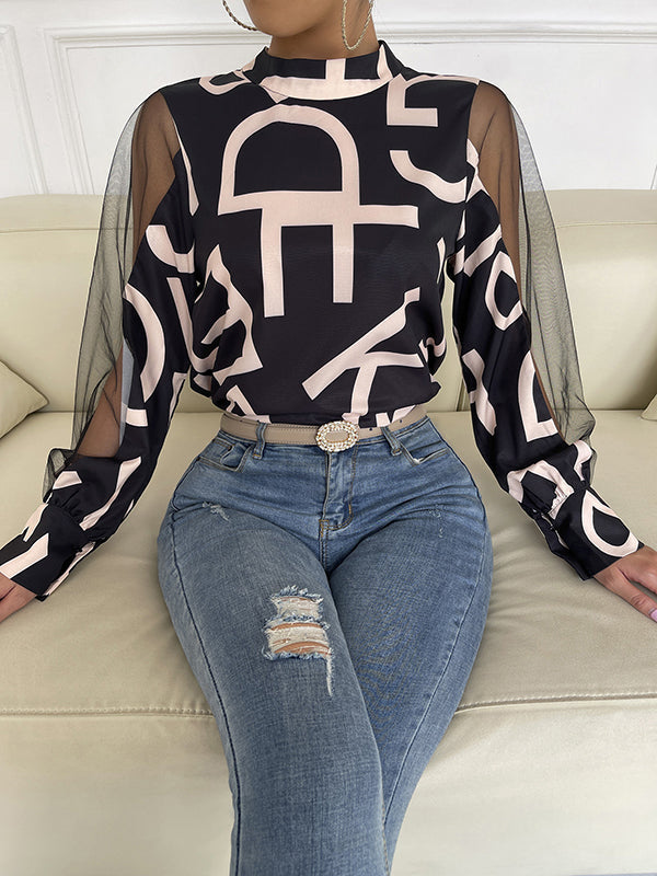 Long Sleeves Buttoned Hollow Letter Print See-Through Split-Joint Round-neck Blouses&shirts Tops Shirts Tops