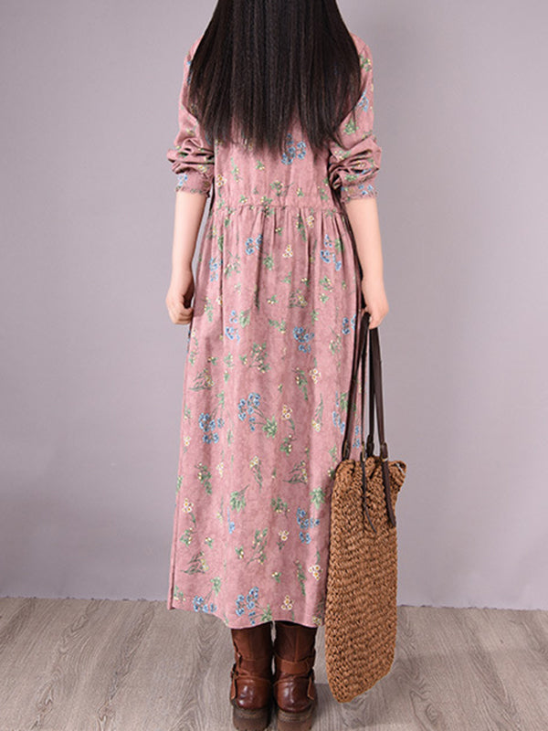 Vintage Floral Printed Ramie Cotton Loose Midi Dress