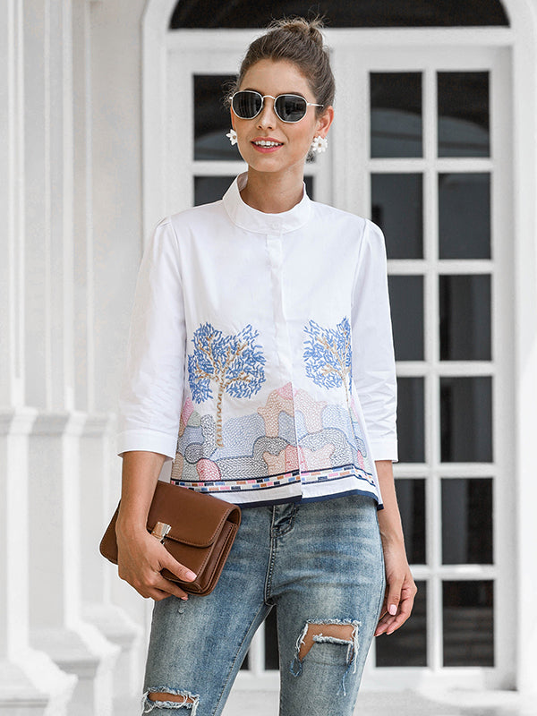 Casual Three-Quarter Sleeves Loose Embroidered Stand Collar Blouses&Shirts Tops