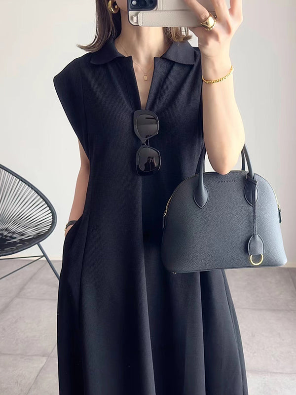 Loose Raglan Sleeve Pleated Solid Color Lapel Maxi Dresses