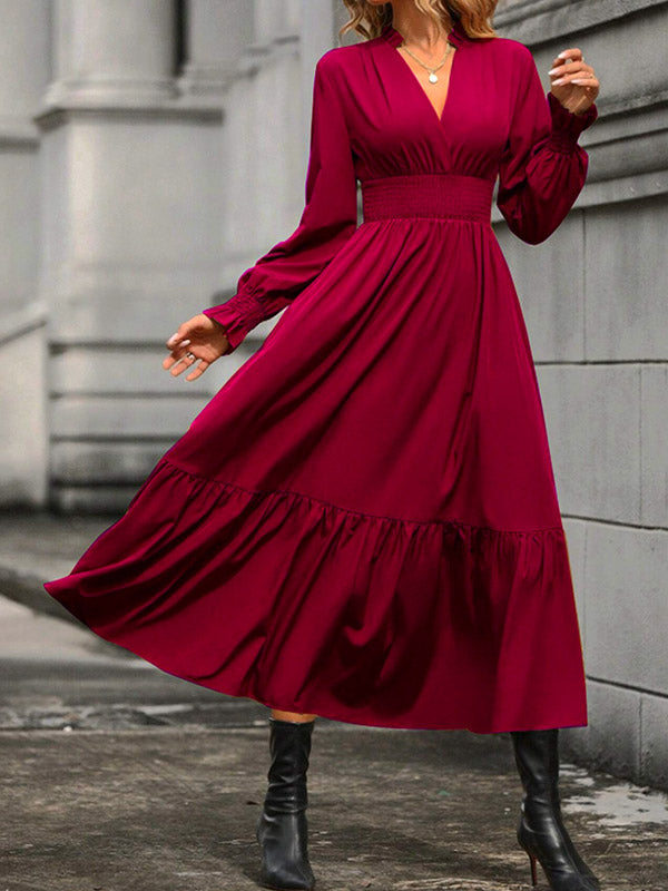 A-Line Flared Sleeves Elasticity Pleated Solid Color V-Neck Midi Dresses