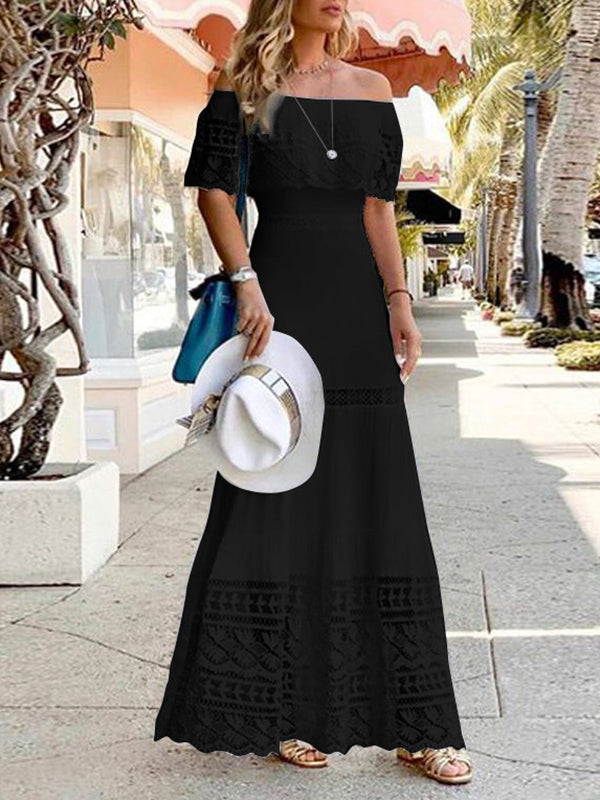 High Waisted Short Sleeves Hollow Solid Color Split-Joint Off-The-Shoulder Maxi Dresses