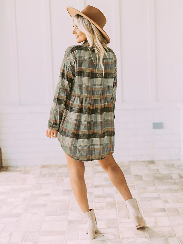 Vintage Loose Checkered Lapel Blouses&Shirts Tops