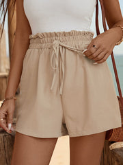 Loose Drawstring Elasticity Pleated Pockets Ruffle Trim Solid Color Shorts Bottoms