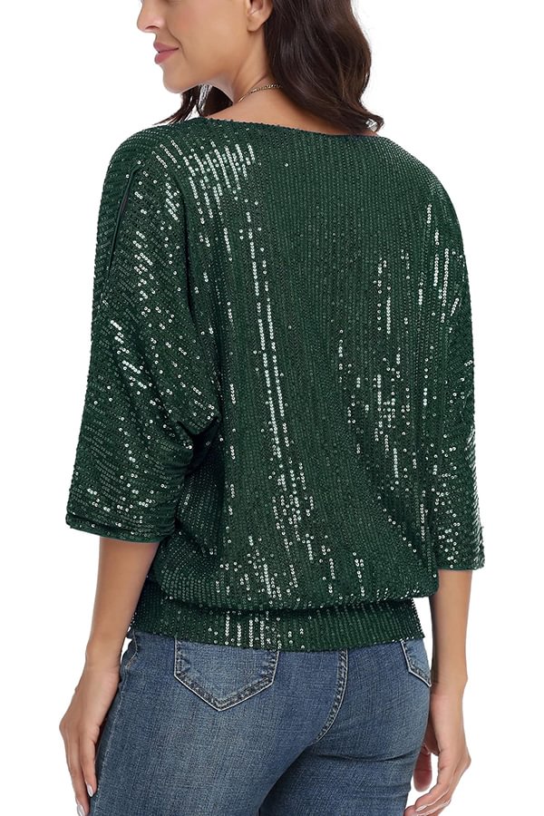 Solid Color Sequined Loose Round Neck Casual Top