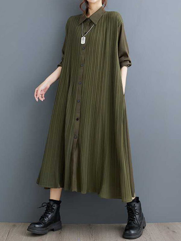 A-Line Long Sleeves Buttoned Pleated Pockets Split-Joint Lapel Midi Dresses Shirt Dress