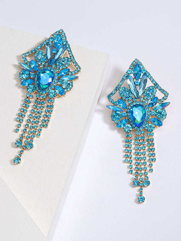 Geometric Rhine Stones Tasseled Drop Earrings