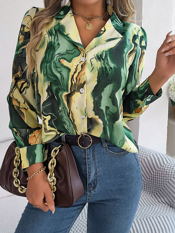 Long Sleeves Loose Buttoned Printed Notched Collar Blouses&Shirts Tops