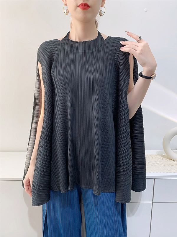 Loose Sleeveless Pleated Solid Color Halter-Neck T-Shirts Tops