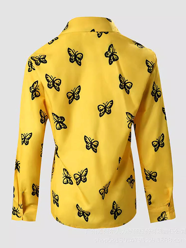 Long Sleeves Loose Butterfly Print Buttoned Split-Joint Lapel Blouses&Shirts Tops