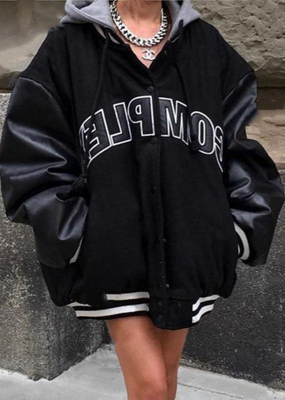 Retro Black Hooded Baseball Jacket