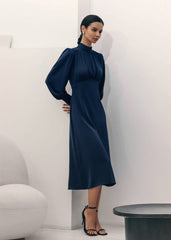 Navy Long Sleeve High Collar Dress