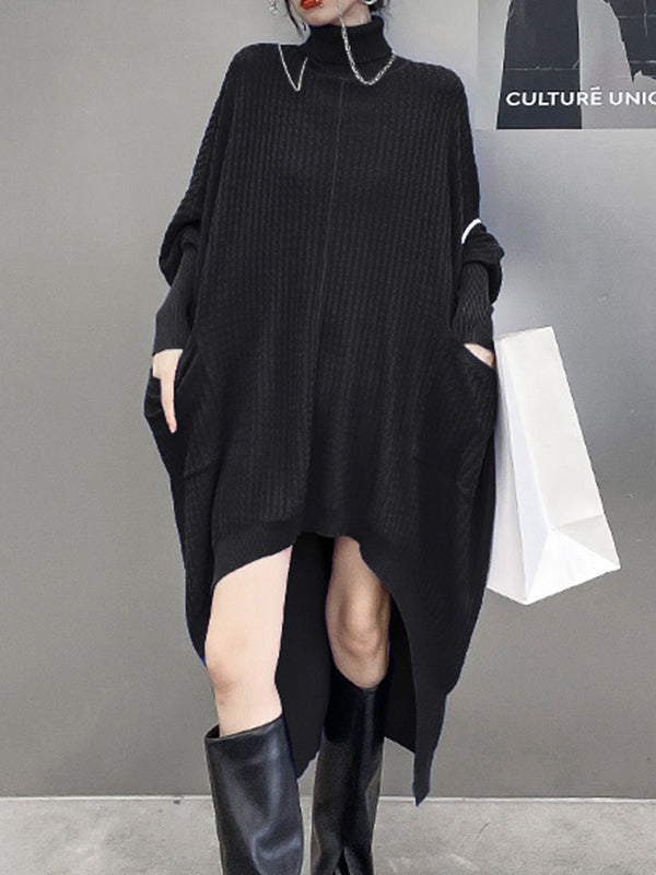 Batwing Sleeves High-Low Pockets Solid Color High-Neck Midi Dresses Sweater Dresses