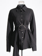 Long Sleeves Loose Belted Buttoned Lapel Mini Dresses Shirt Dress