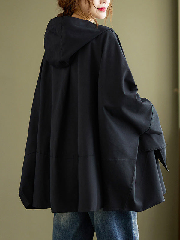 Loose Solid Color Buttoned Hooded Long Sleeves Trench Coat