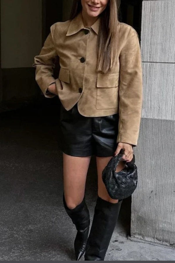 Lapel Button Up Pocketed Faux Suede Crop Jacket