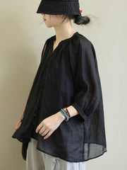 Black&Pink High-Low Half Sleeve Ramie Cotton Loose Shirt