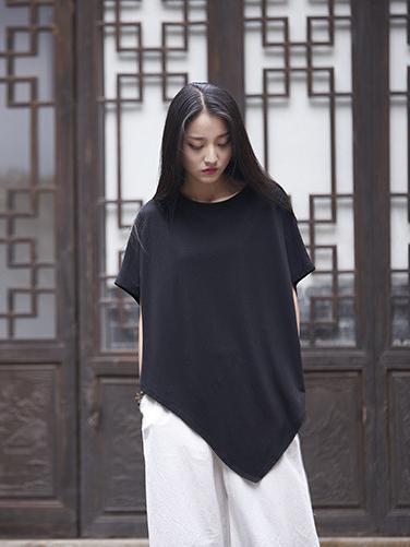 Asymmetric Batwing-sleeves Ramie Cotton Tops