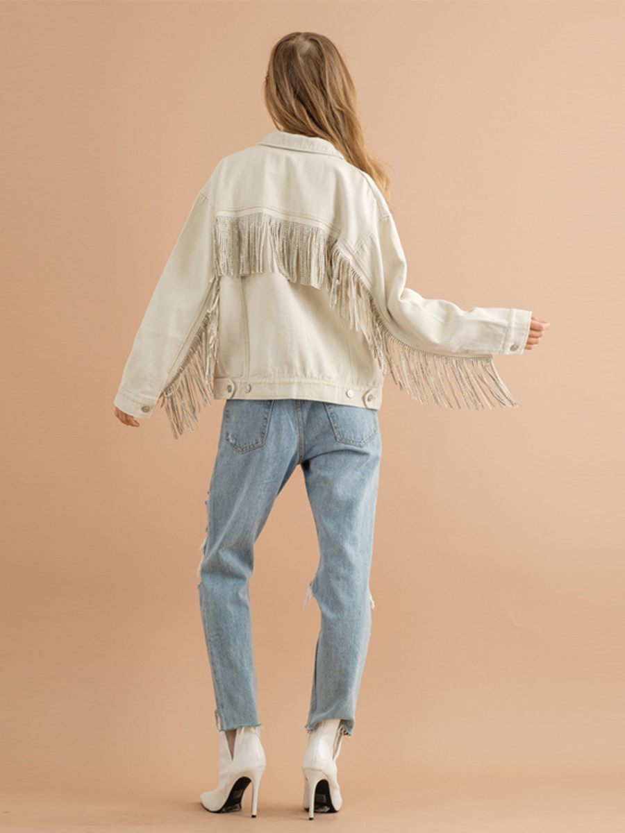 SEQUIN TASSEL WING RETRO DENIM JACKET - ECRU