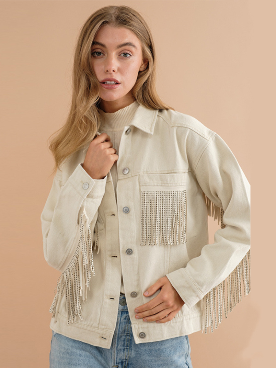 SEQUIN TASSEL WING RETRO DENIM JACKET - ECRU