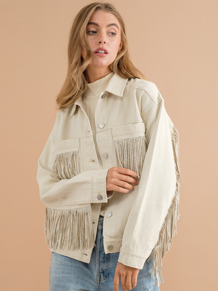 SEQUIN TASSEL WING RETRO DENIM JACKET - ECRU