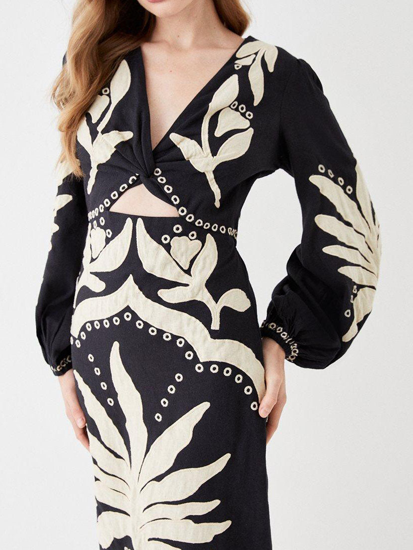 Unique Palm Tree Floral V-Neck Long Sleeve Midi Dress