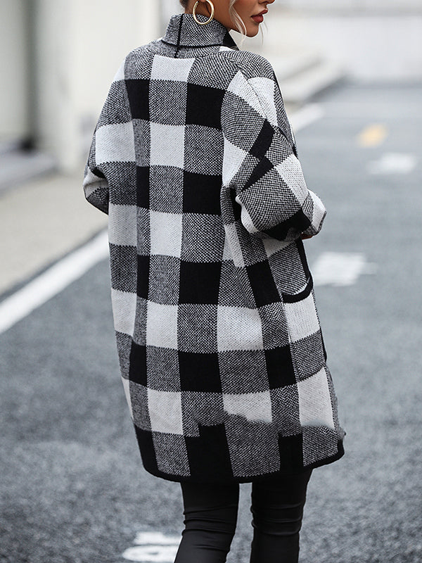 Long Sleeves Loose Contrast Color Plaid Cardigan Coats