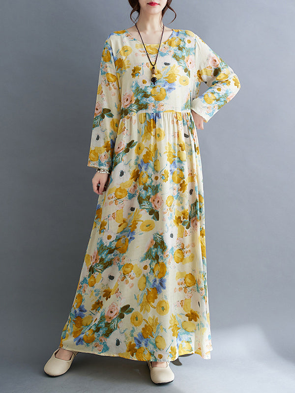 Long Sleeves Loose Flower Print Split-Joint Round-Neck Midi Dresses