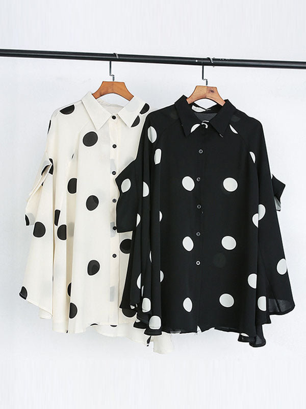 Batwing Sleeves High-Low Polka-Dot Lapel Blouses&Shirts Tops