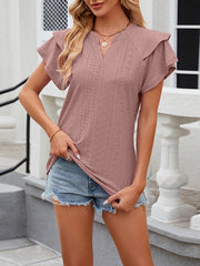 Loose Ruffle Sleeves Double Layered Hollow Jacquard Solid Color V-Neck T-Shirts Tops