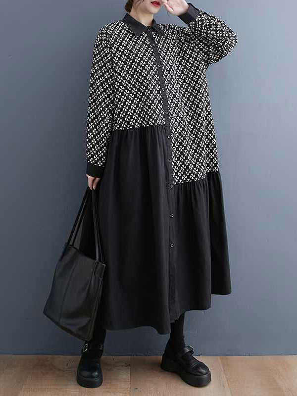 A-Line Long Sleeves Asymmetric Buttoned Pleated Printed Split-Joint Lapel Midi Dresses