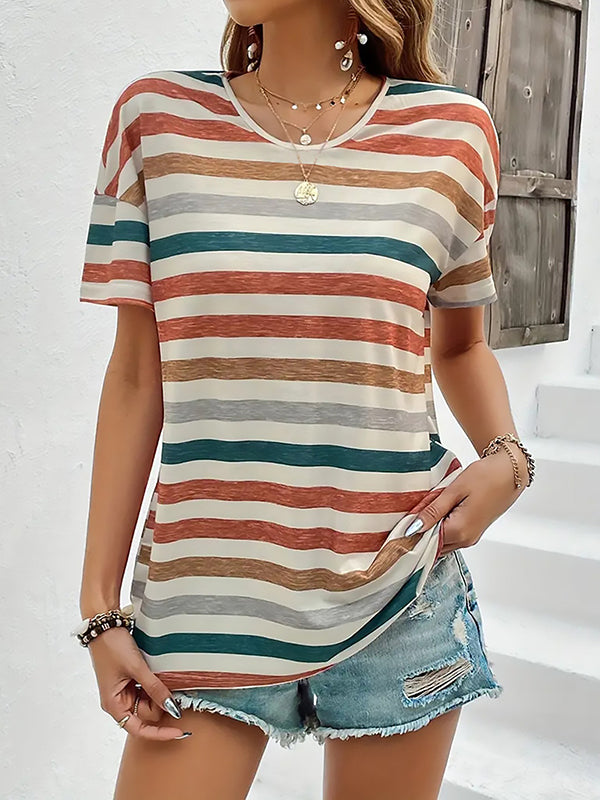 Loose Short Sleeves Striped Round-Neck T-Shirts Tops