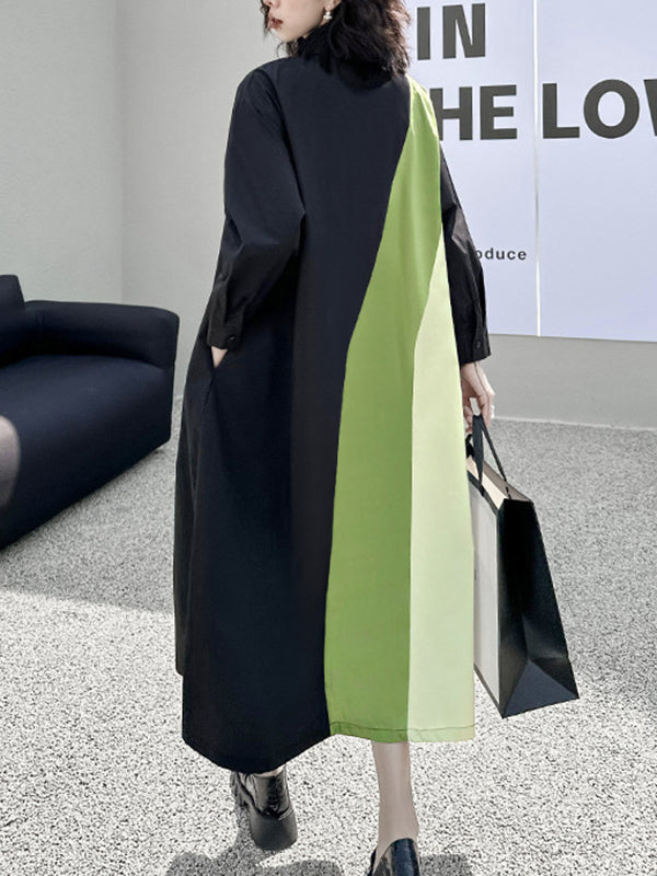 Long Sleeves Loose Asymmetric Buttoned Contrast Color Split-Joint Lapel Midi Dresses Shirt Dress