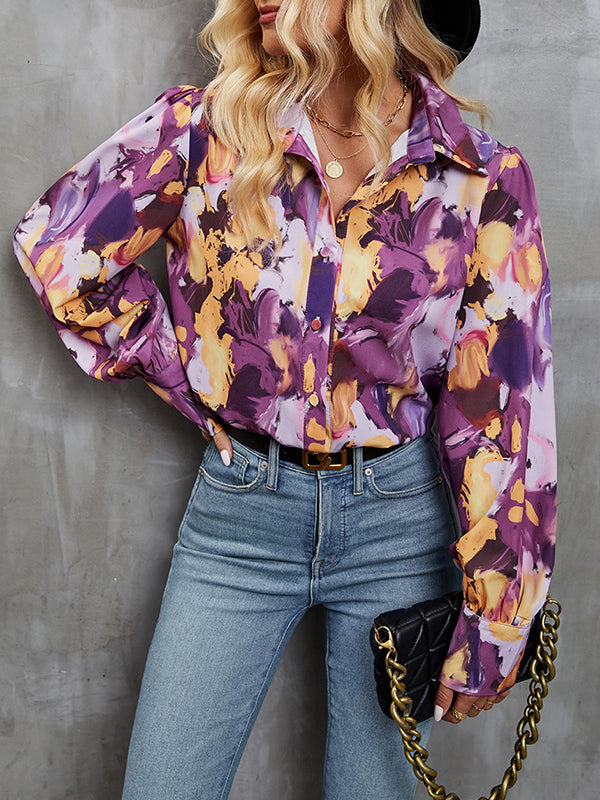 Long Sleeves Loose Buttoned Printed Split-Joint Lapel Blouses&Shirts Tops