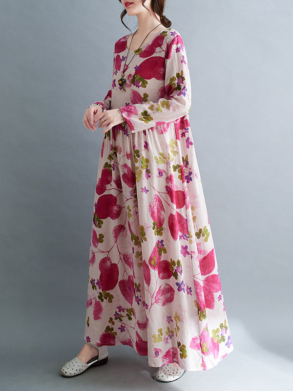 Long Sleeves Loose Flower Print Split-Joint Round-Neck Midi Dresses