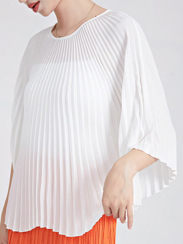 Batwing Sleeves Loose Pleated Solid Color Round-Neck T-Shirts Tops