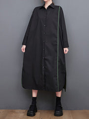 Long Sleeves Loose Asymmetric Buttoned Split-Joint Split-Side Lapel Midi Dresses Shirt Dress