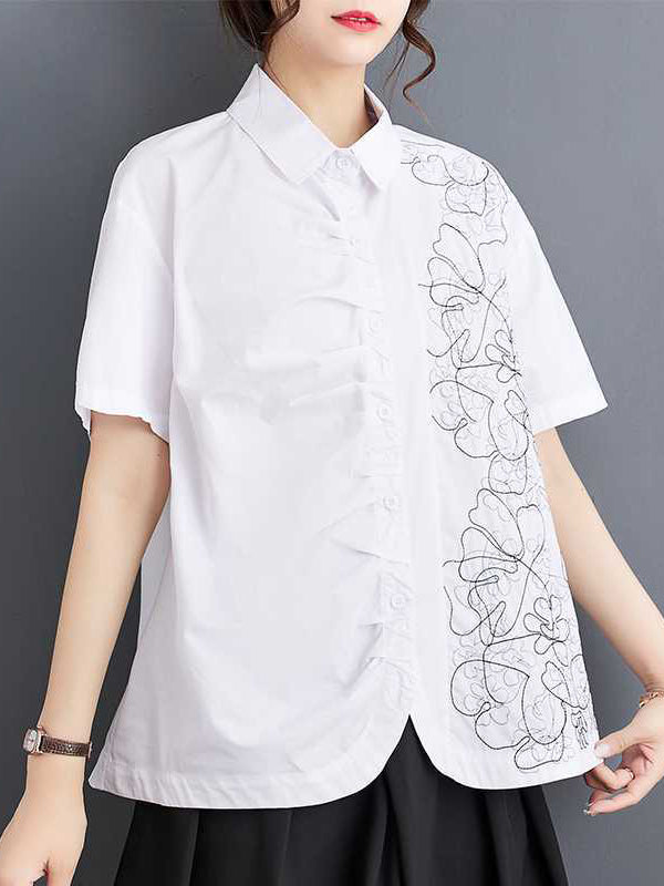 Irregularity Loose Buttoned Embroidered Pleated Lapel Collar Blouses&Shirts Tops