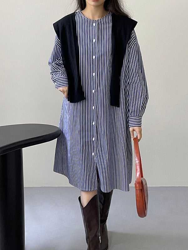 Long Sleeves Loose Striped Round-Neck Midi Dresses Shirt Dress