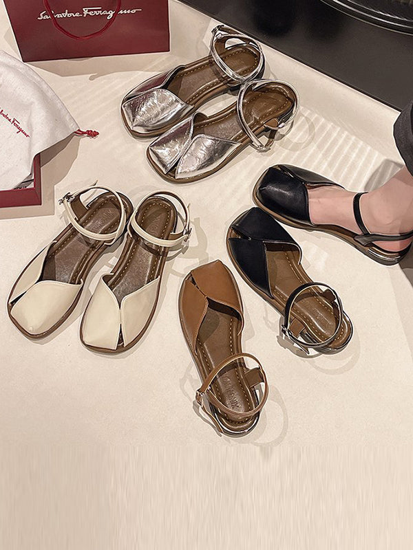 Belt Buckle Hollow Split-Joint Square-Toe Flat Shoes Sandals