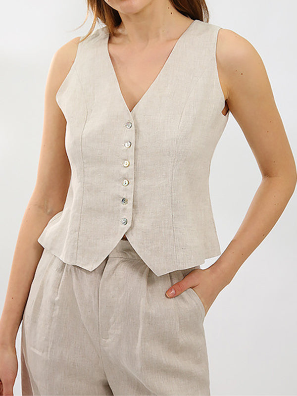 Solid Color  Sleeveless Buttoned Deep V-Neck Vest Top + Pleated Straight Leg Pants Bottom Two Pieces Set