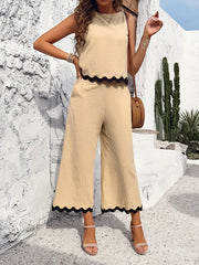 Loose Sleeveless Buttoned Contrast Color Split-Joint Vest Top + Pockets Pants Bottom Two Pieces Set