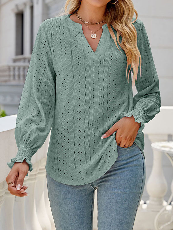 Long Sleeves Loose Elasticity Hollow Solid Color V-Neck T-Shirts Tops