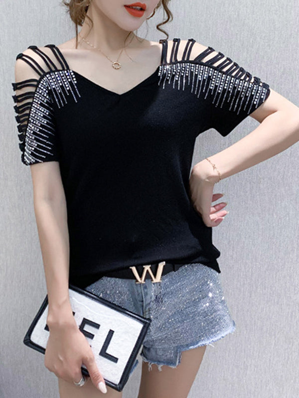 Loose Raglan Sleeve Hollow Rhine Stones Solid Color Split-Joint V-Neck T-Shirts Tops