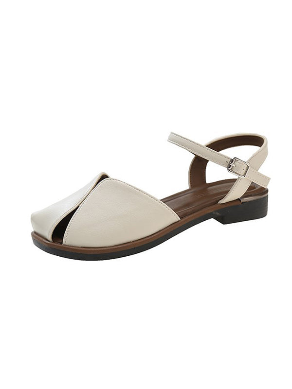 Belt Buckle Hollow Split-Joint Square-Toe Flat Shoes Sandals