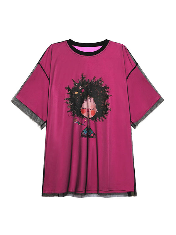 False Two Loose Gauze Printed Split-Joint Tiered Round-Neck T-Shirts Tops