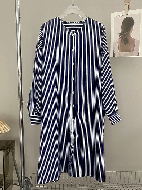 Long Sleeves Loose Striped Round-Neck Midi Dresses Shirt Dress