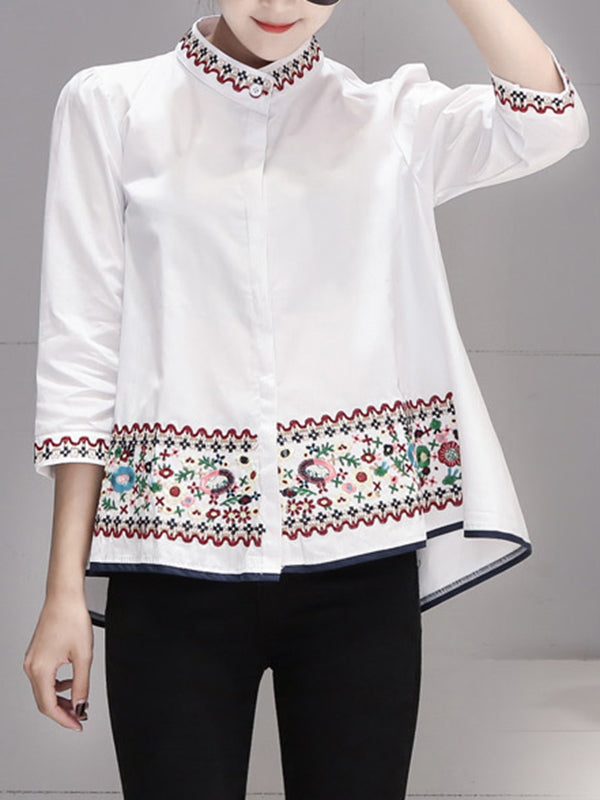 Loose Three-Quarter Sleeves Buttoned Embroidered Stand Collar Blouses&Shirts Tops