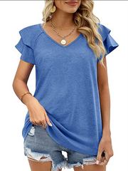 Casual Short Sleeves Falbala Solid Color V-Neck T-Shirts Tops