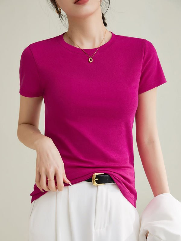 Short Sleeves Skinny Solid Color Round-Neck T-Shirts Tops